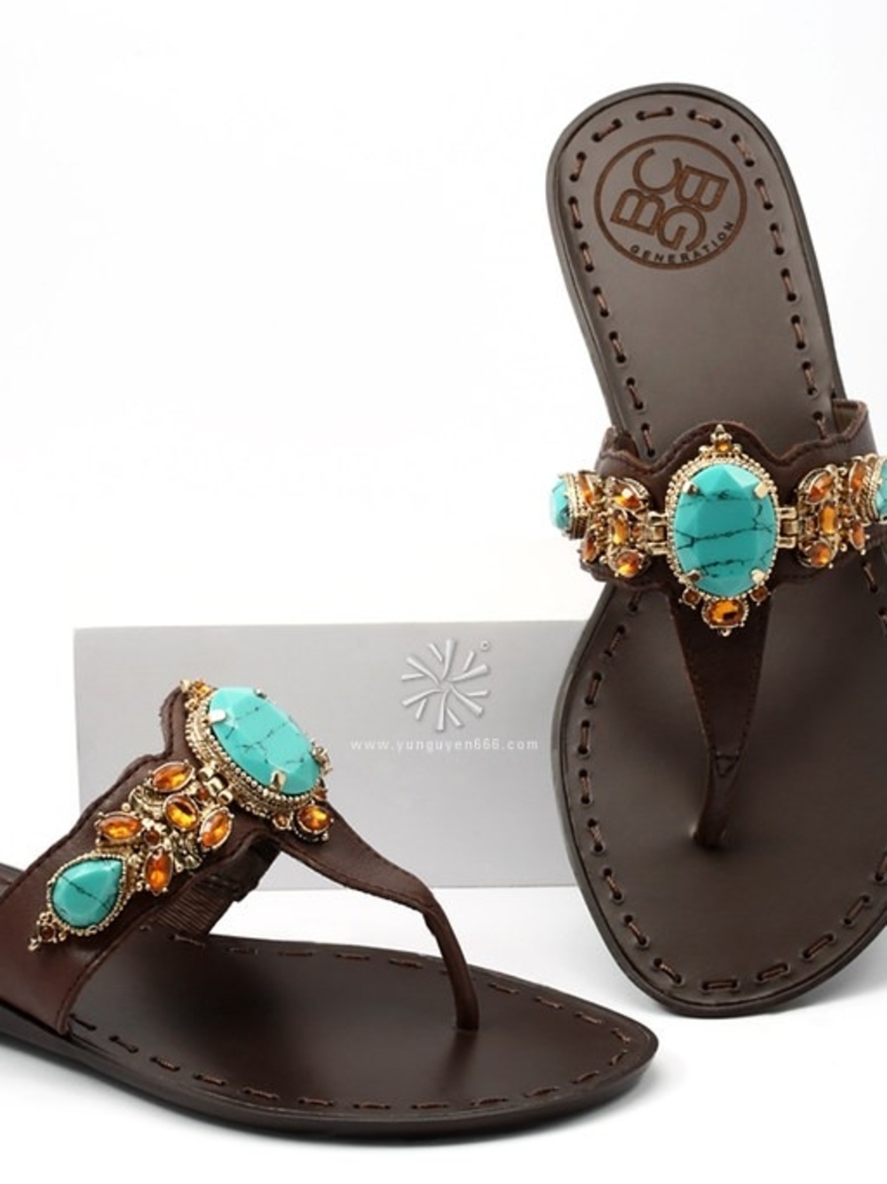 BCBGeneration Brown Sandal with Turquoise and Amber Gem Accents